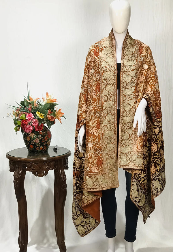 #Brown Gloss Velvet Ombre Cape with Aari and Tilla Work: Light Brown and Brown