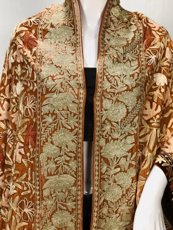 #Brown Gloss Velvet Ombre Cape with Aari and Tilla Work: Light Brown and Brown front