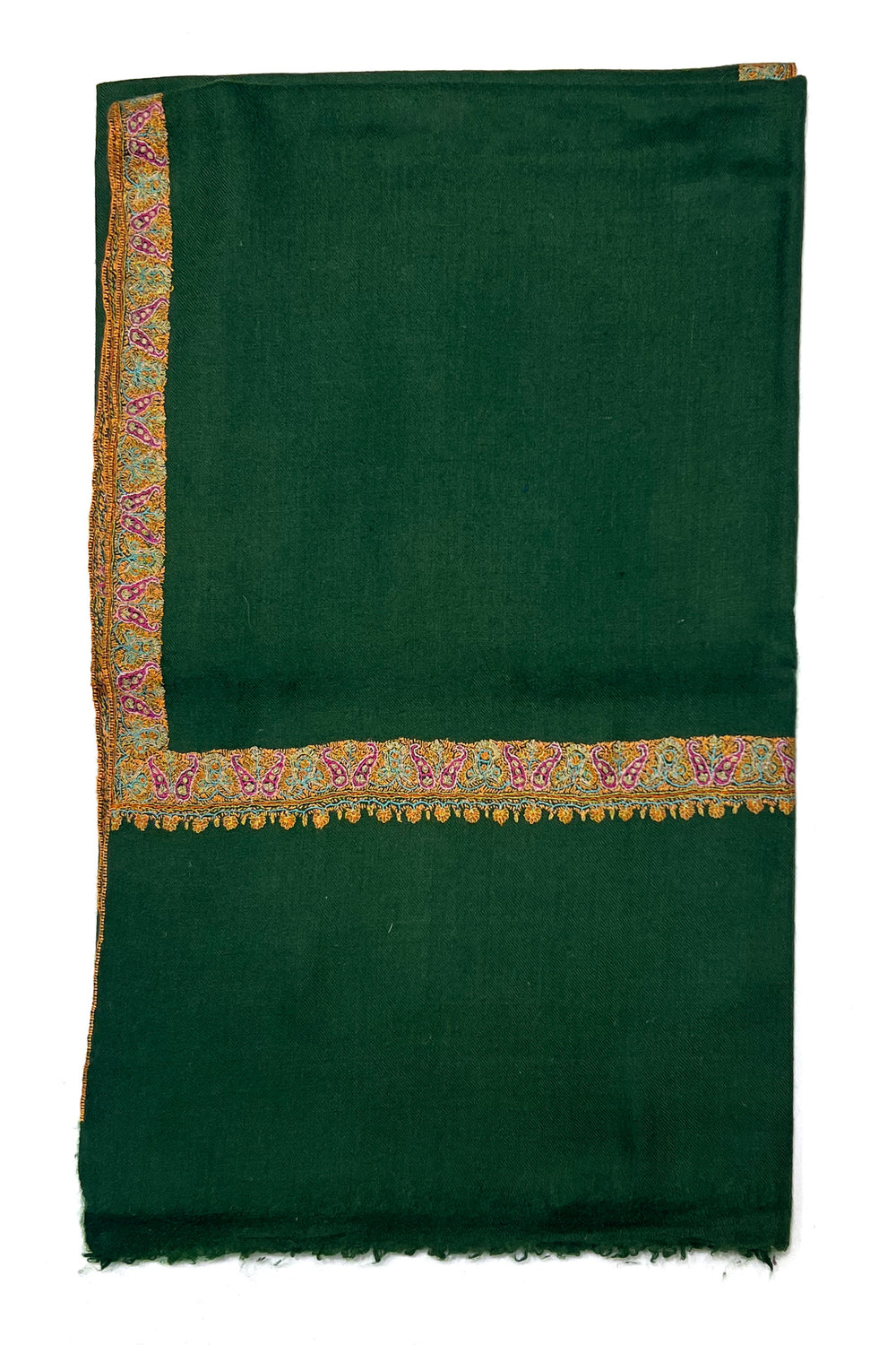 Bottle Green Sozni Border Pashmina Shawl