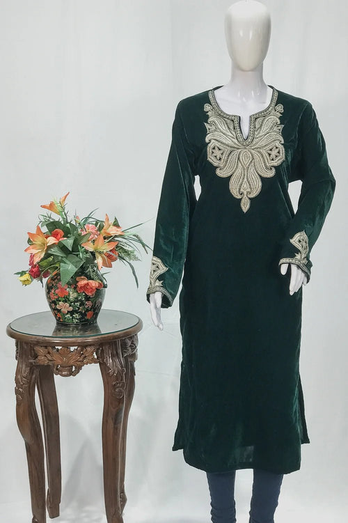 Green Velvet Phiran with Golden Zari Work