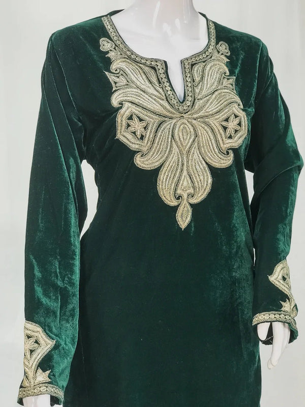 Green Velvet Phiran with Dull Gold Zari Work