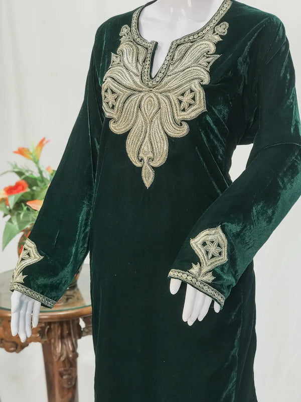 Green Velvet Phiran with Dull Gold Zari Work