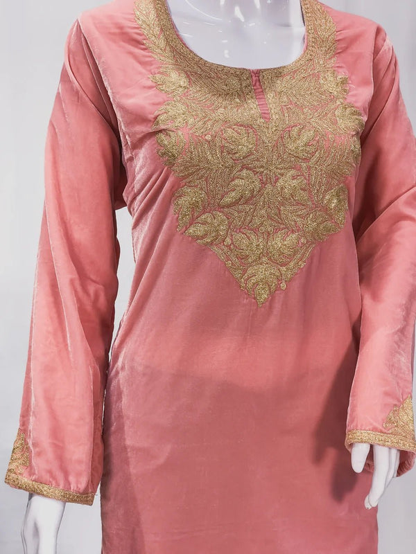 Pink Velvet Phiran with Golden Zari Work