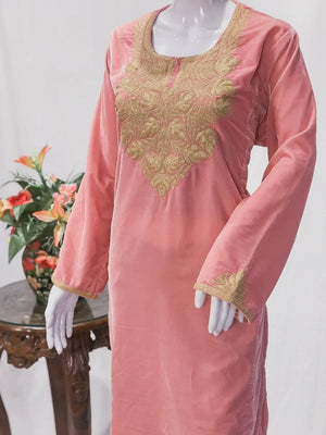 Pink Velvet Phiran with Golden Zari Work