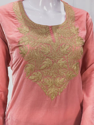 Pink Velvet Phiran with Golden Zari Work Front