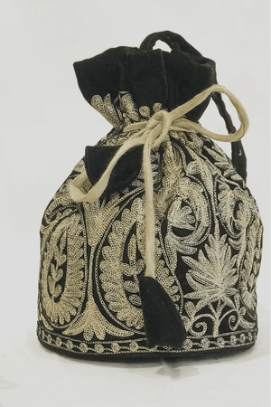 #black Black and gold embroidered drawstring bag on a white background