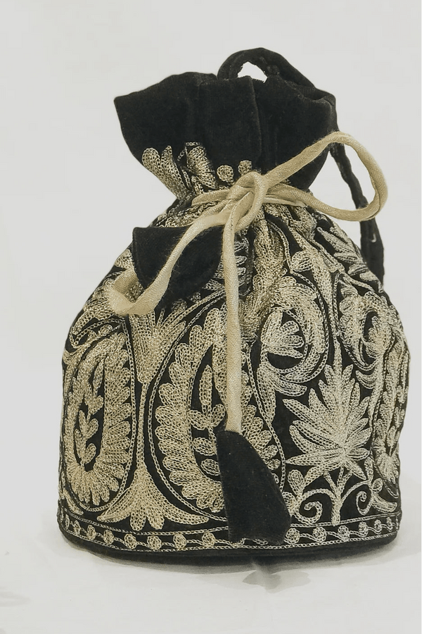 #black Black and gold embroidered drawstring bag on a white background