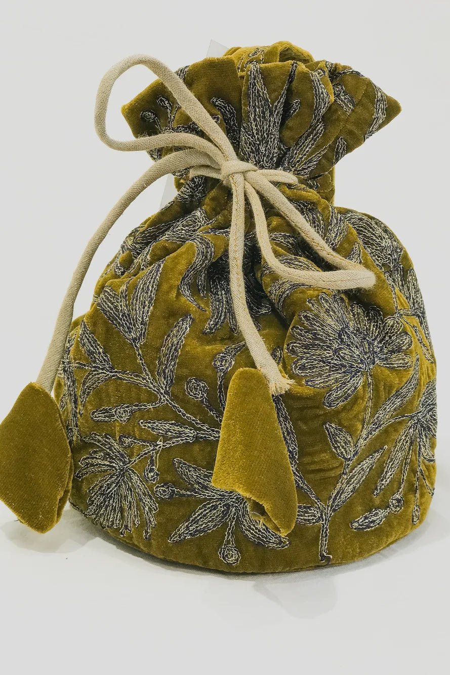 Velvet Thread and Aari Jaal Embroidered Olive Green Potli Bag: Floral Design