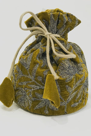 Velvet Thread and Aari Jaal Embroidered Olive Green Potli Bag: Floral Design