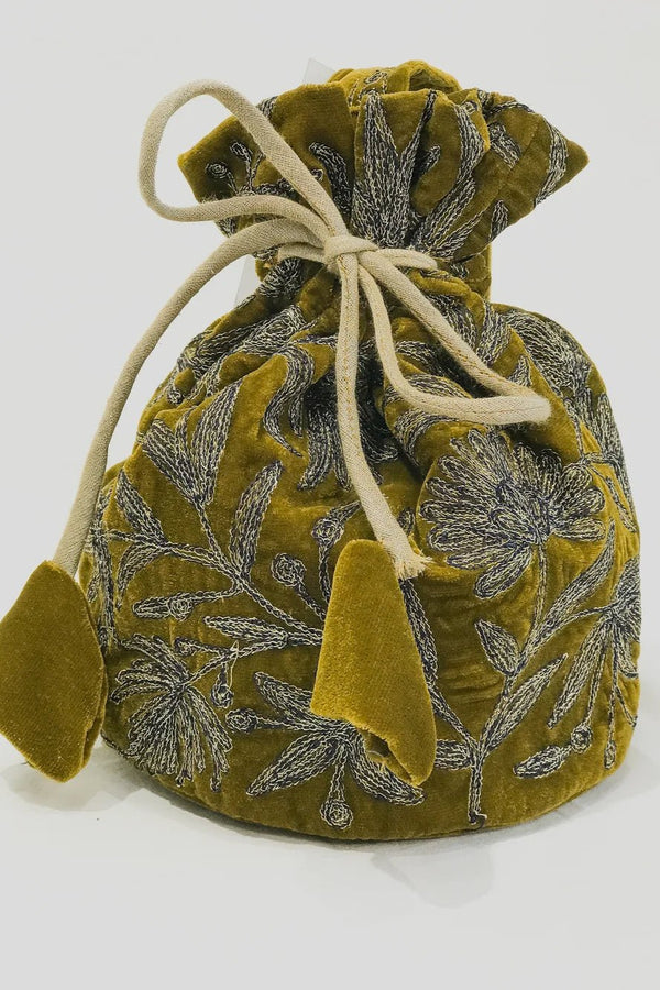 Velvet Thread and Aari Jaal Embroidered Olive Green Potli Bag: Floral Design