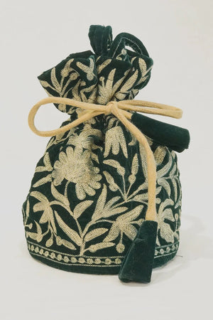 #BottleGreen Green fabric drawstring bag with gold floral patterns on a white background