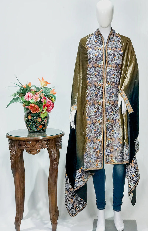 Gloss Velvet Ombre Cape with Aari Work: Black and Olive Green