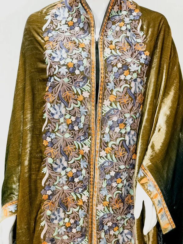 Gloss Velvet Ombre Cape with Aari Work: Black and Olive Green front
