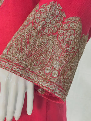 Pink Woollen Phiran with Silver Oxidised Tilla Work