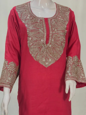 Pink Woollen Phiran with Silver Oxidised Tilla Work