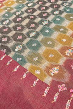 Colorful patterned fabric with geometric shapes and floral designs.