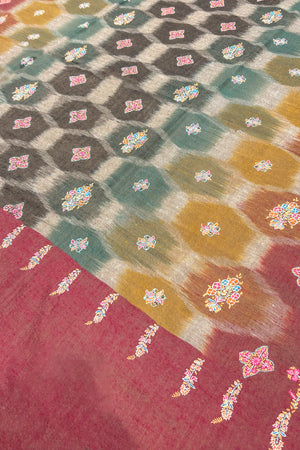 Colorful patterned fabric with geometric shapes and floral designs.