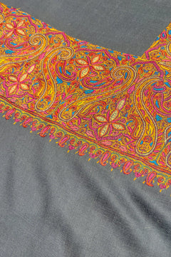 Gray fabric with colorful paisley embroidery
