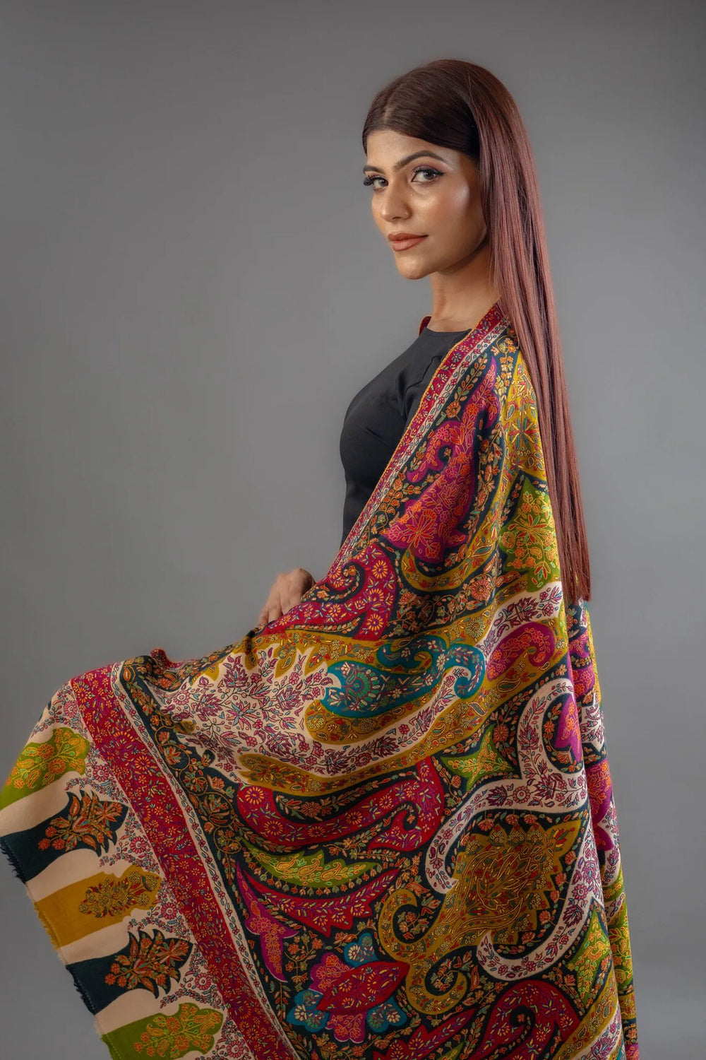 Multi-Colour Pure Pashmina Shawl With Hand Sozni & Kalamkari Embroidery