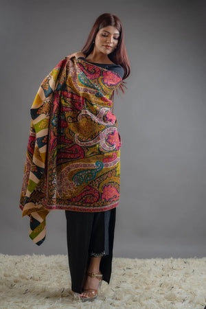 Multi-Colour Pure Pashmina Shawl With Hand Sozni & Kalamkari Embroidery