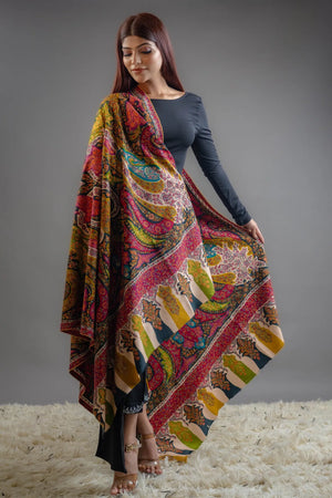 Multi-Colour Pure Pashmina Shawl With Hand Sozni & Kalamkari Embroidery