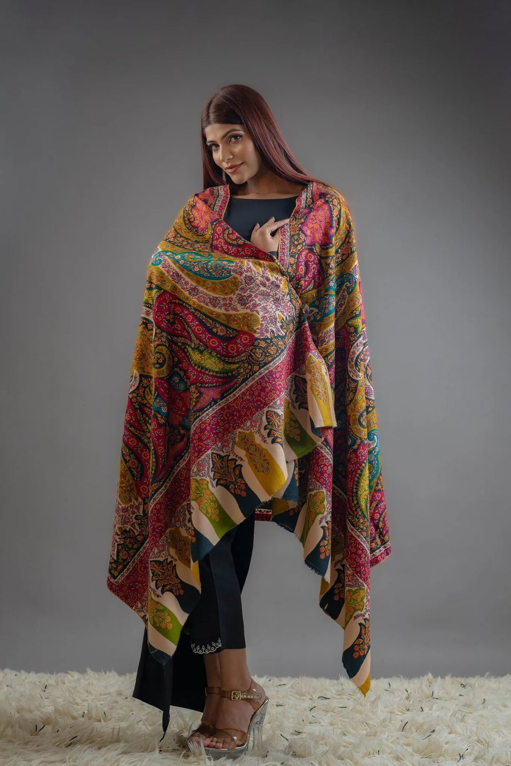 Multi-Colour Pure Pashmina Shawl With Hand Sozni & Kalamkari Embroidery