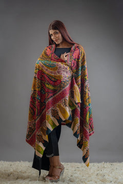 Multi-Colour Pure Pashmina Shawl With Hand Sozni & Kalamkari Embroidery