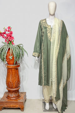 #Green Cotton satin suit set with gold Kashmiri tilla medallion embroidery on the front panel, organza dupatta with tilla border