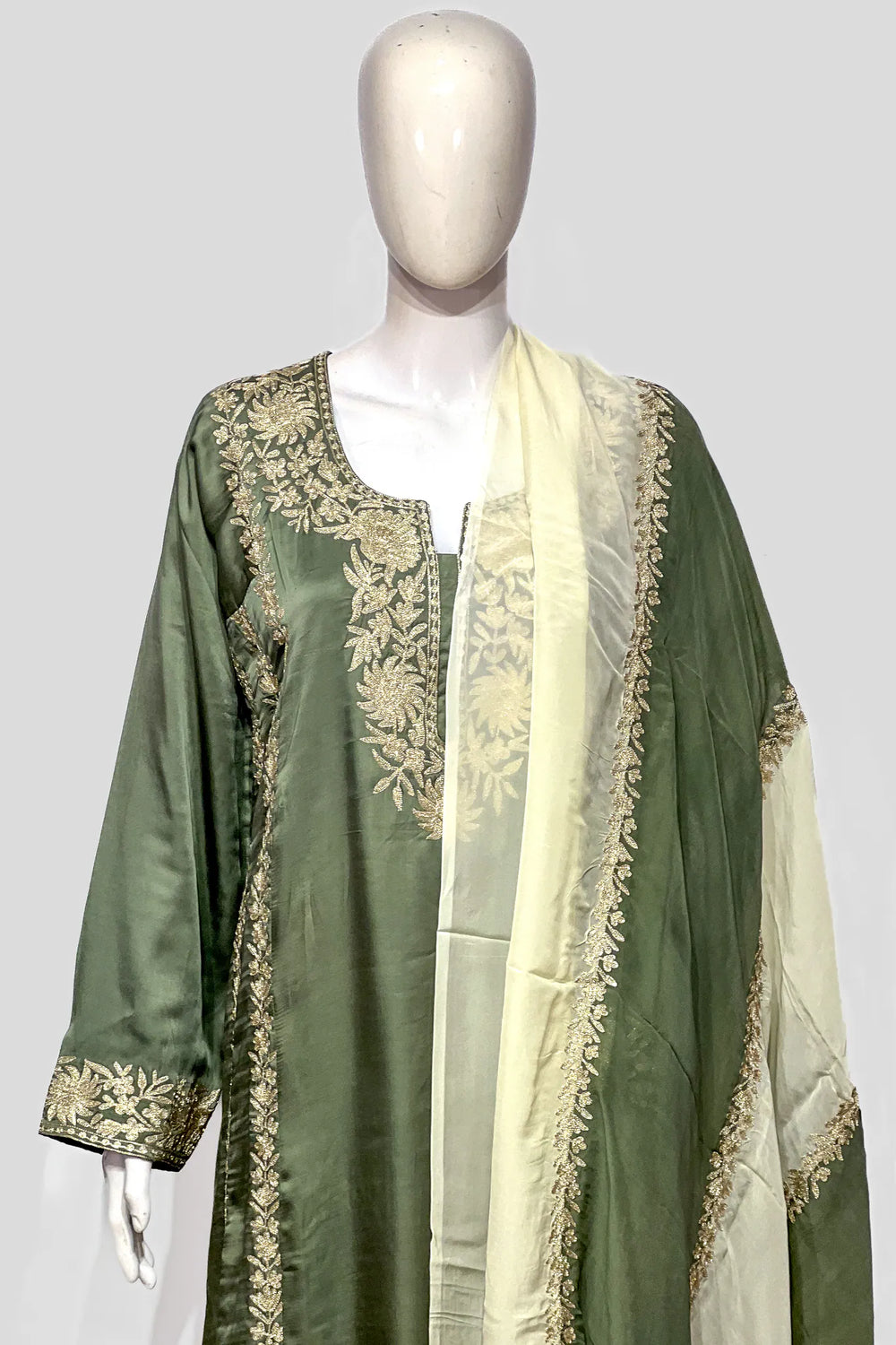 #Green Cotton satin suit set with gold Kashmiri tilla medallion embroidery on the front panel, organza dupatta with tilla border