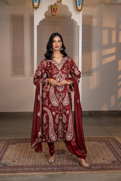 #CrimsonMaroon - linen satin Kashmiri suit set with all-over dull-gold embroidered paisley and floral vine motifs, v-neckline, organza dupatta