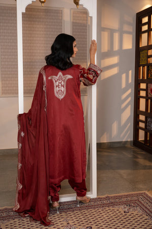 #CrimsonMaroon - Full back view of wine suit set with tulip medallion on kurta back, embroidered organza dupatta, and matching salwar