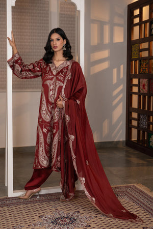 #CrimsonMaroon - Full-length front view showing wine suit set with embroidered kurta, straight salwar, and matching organza dupatta with border