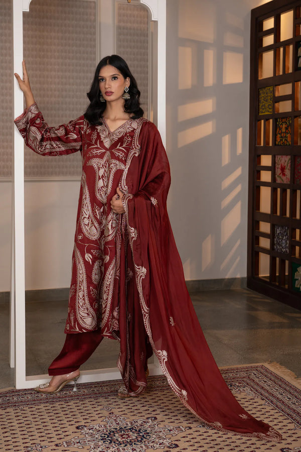 #CrimsonMaroon - Full-length front view showing wine suit set with embroidered kurta, straight salwar, and matching organza dupatta with border
