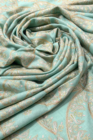 Mint Green Pure Pashmina Sozni Jamawar Shawl