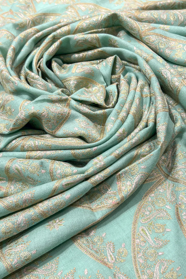 Mint Green Pure Pashmina Sozni Jamawar Shawl