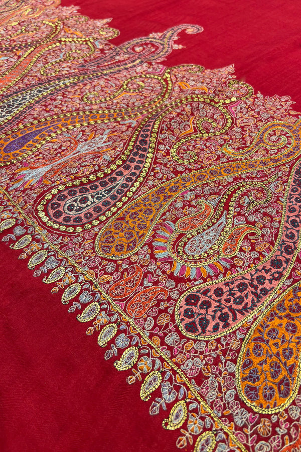 Zulfat Red Pashmina Shawl – Sozni & Tilla Embroidered