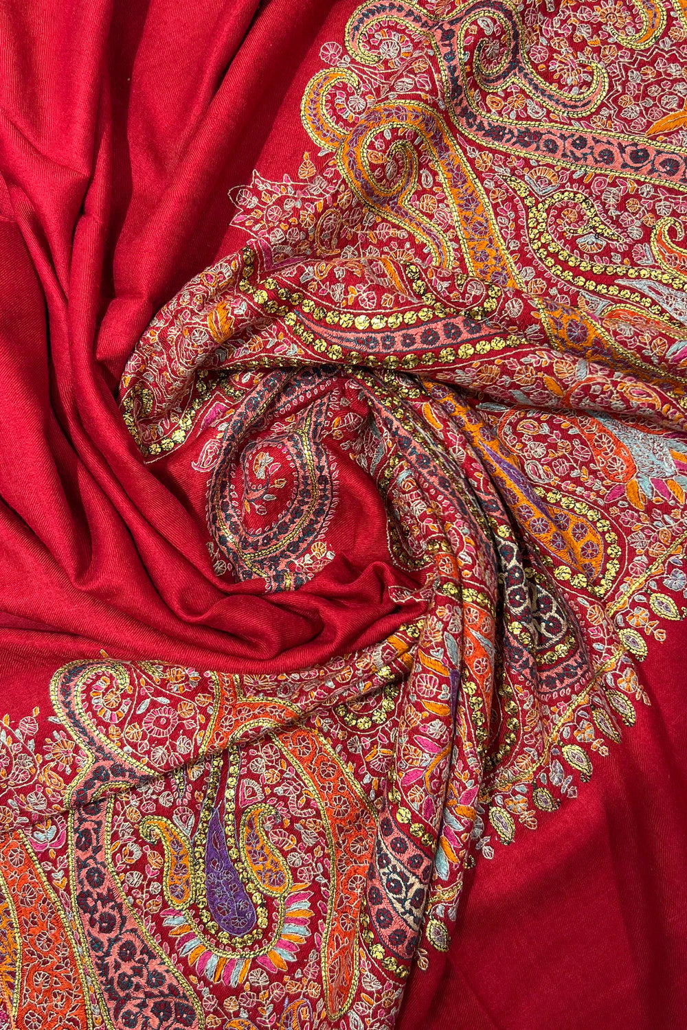 Zulfat Red Pashmina Shawl – Sozni & Tilla Embroidered