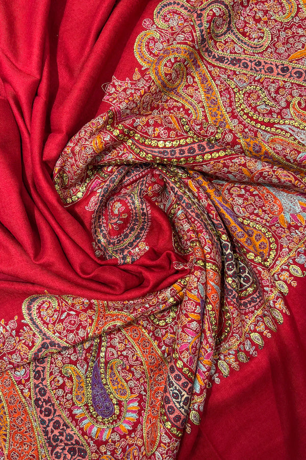 Zulfat Red Pashmina Shawl – Sozni & Tilla Embroidered
