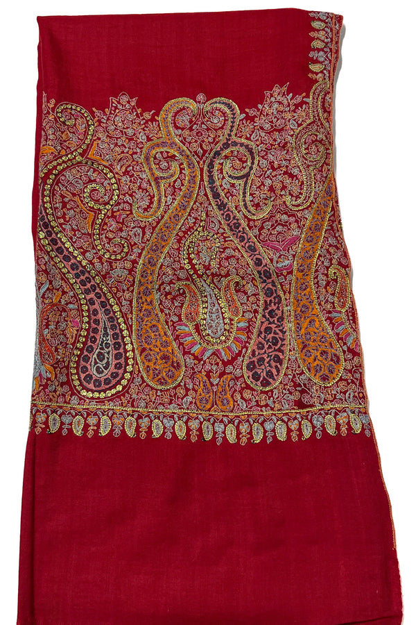 Zulfat Red Pashmina Shawl – Sozni & Tilla Embroidered