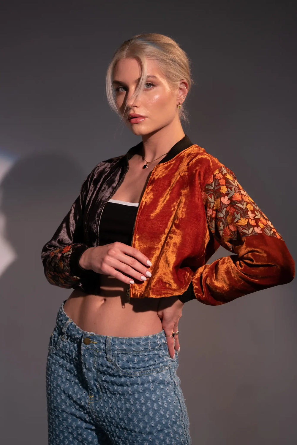 Crop Bomber Jacket: Grey & Orange