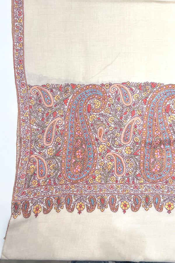Off-White Pure Pashmina Gents Shawl With Hand Sozni Palla Embrodiery