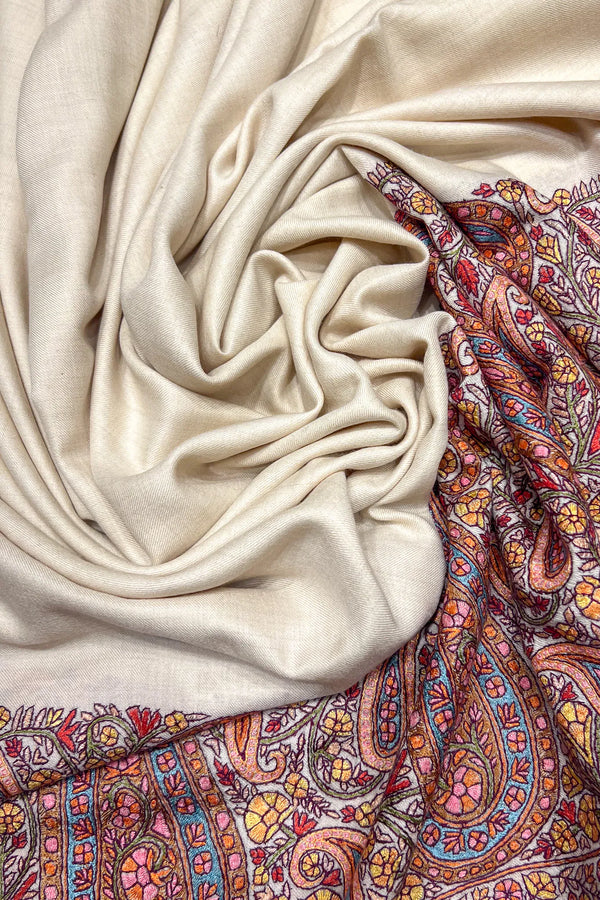 Off-White Pure Pashmina Gents Shawl With Hand Sozni Palla Embrodiery
