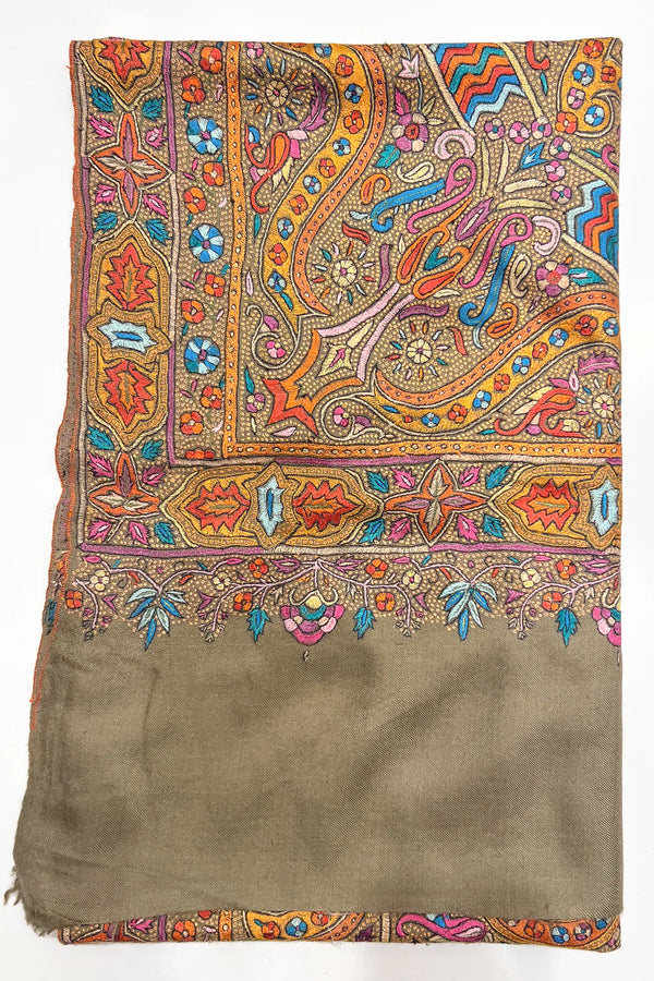 Natural Pure Pashmina Shawl with All Over Papier Mache Hand Embroidery