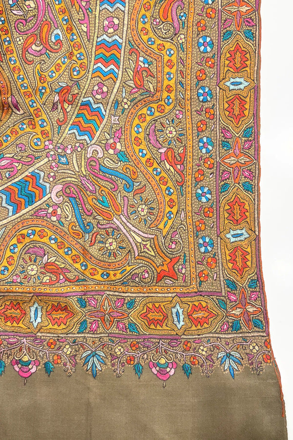 Natural Pure Pashmina Shawl with All Over Papier Mache Hand Embroidery