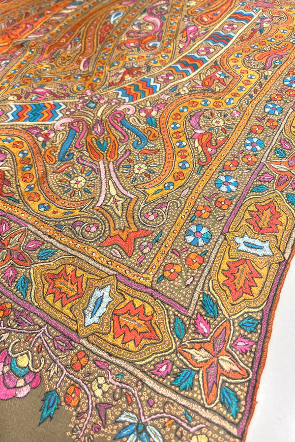 Natural Pure Pashmina Shawl with All Over Papier Mache Hand Embroidery