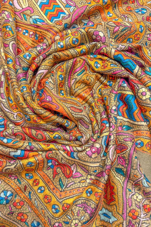Natural Pure Pashmina Shawl with All Over Papier Mache Hand Embroidery