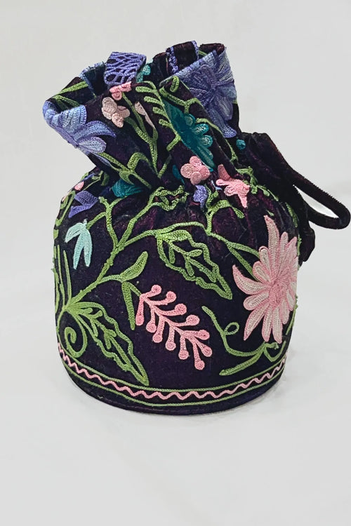 Wine Aari Jaal Embroidered Potli Bag