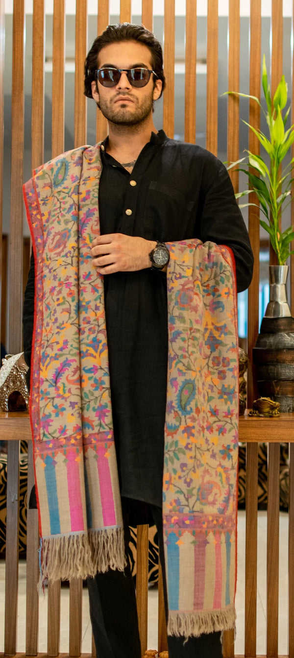 Corner and border detail of Kani hand woven Pashmina shawl showing density of the floral weave