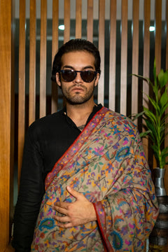 Natural beige pure Pashmina Kani hand woven shawl with all-over multi-colour floral design, full length view