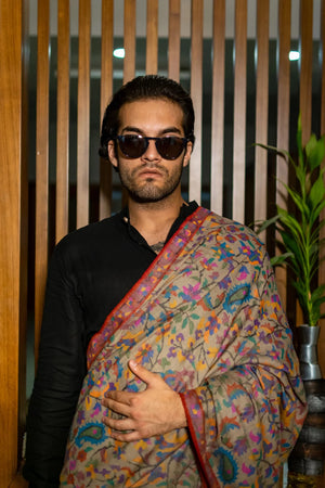 Natural beige pure Pashmina Kani hand woven shawl with all-over multi-colour floral design, full length view